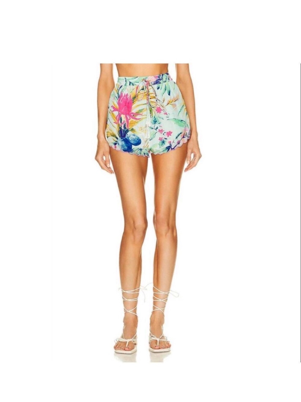 Rococo Sand White Multi Floral High-Waist Tie-Front Shorts